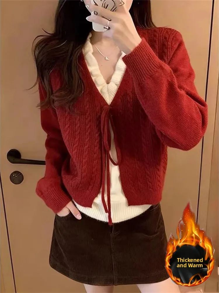 

Новогодний красный вязаный кардиган Aosphere, зимний, больших размеров, мягкий, уютный, имитация двухслойности, с узлом, без ворса