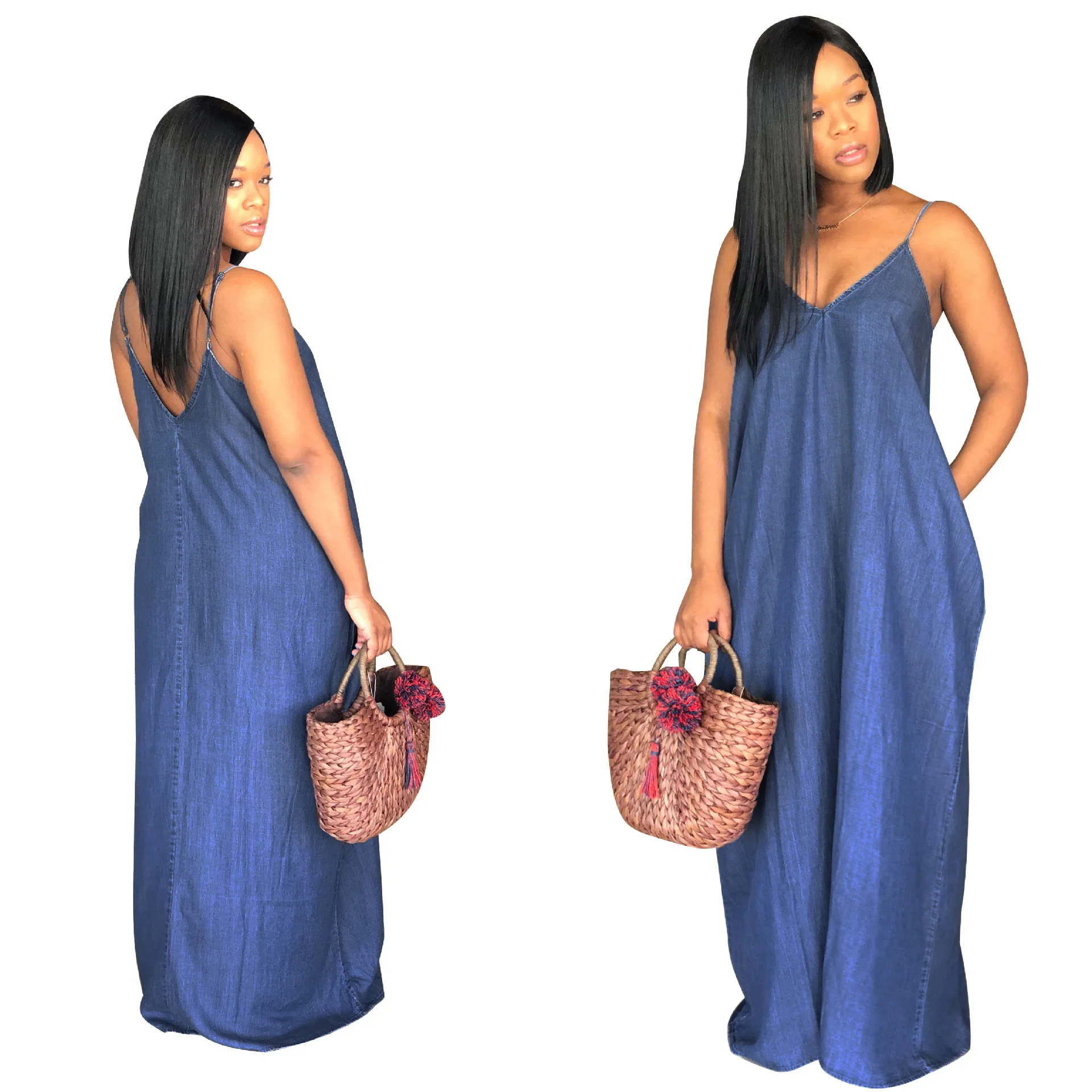 VOLALO 2024 Women Lady Boho Backless Women Ladies Baggy Denim Jeans Maxi Dress Women Dresses Loose Strapless Vestidos S-XXXL