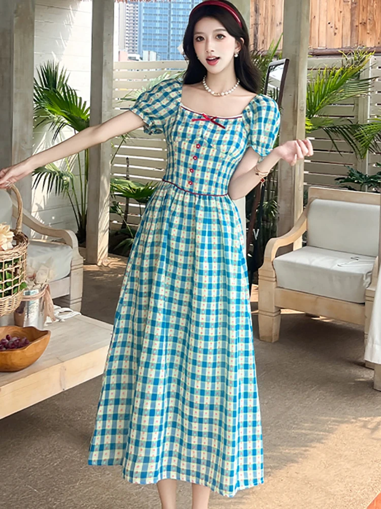 

Летнее синее клетчатое длинное платье с пышными рукавами и бантом с квадратным воротником, женское элегантное повседневное домашнее платье, 2025 г., корейская мода, облегающее платье, Vestidos