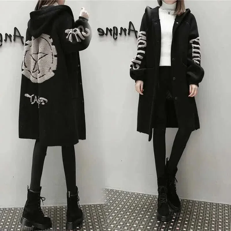 

Autumn and Winter New Korean Version With Cashmere and Thick Large Size Hoodie Sweater Sweater Women's Cardigan Long Windbreaker