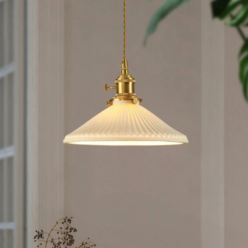 Minimalist White Pleated Ceramic Pendant Light Brass E27 Hanging Lamp for Kitchen Dining Room Bedroom Home Fixture