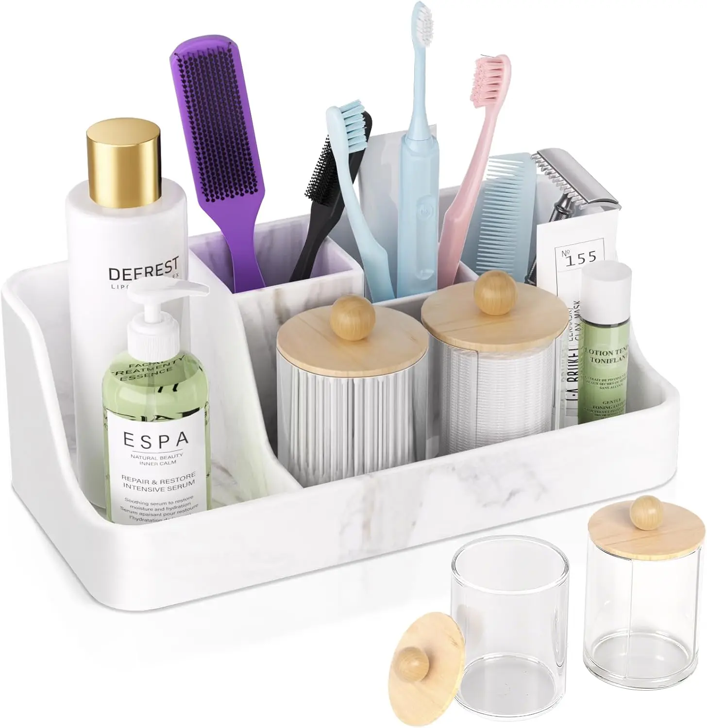 

Marble Bathroom Countertop Organizer - Silicone Bathroom Vanity Countertop Organizer - Tooth Brush Organizer With 2PCS Qtip Hold