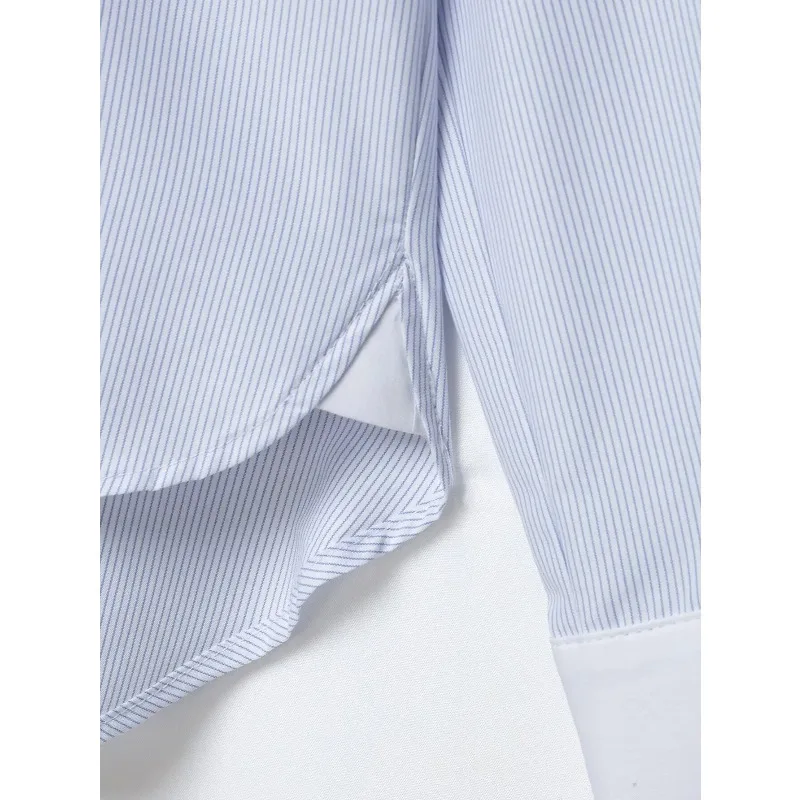 SMVP Women New Striped Lapel Long Sleeve Blouse Contrast Chinese Frog Knot Buttons Curved Hem Elegant Daily Commuter Office Top