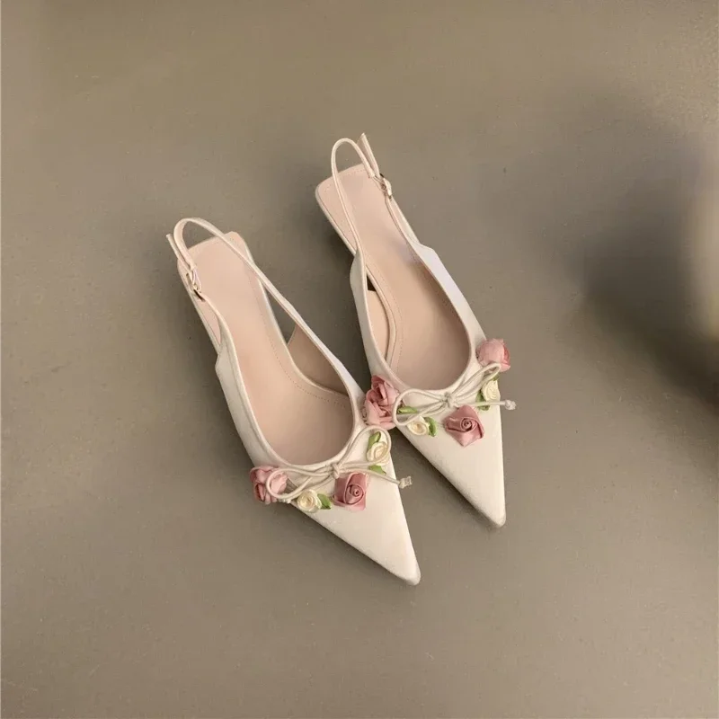 

New Spring and Autumn Fashion Flower Sweet Pointed Shallow Mouth Bow Needle Buckle Casual Thin High Heel Women's Shoes