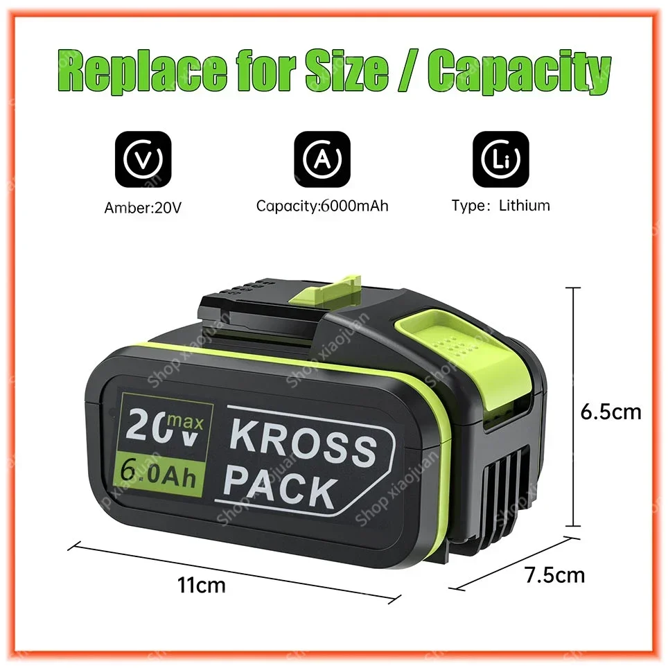 6000 mAh battery for Worx WA3553 20V wireless power tool battery WA3572WA3553WX390WA3551WX176WX178 backup battery