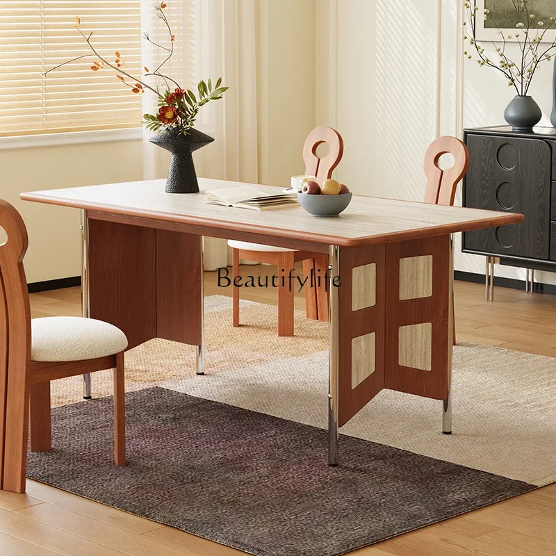 

LFrench retro rock slab dining table rectangular solid wood home dining table travertine light luxury high sense