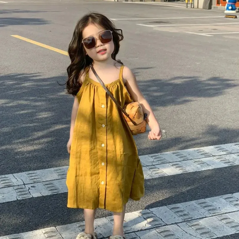 

Girls' Strap Dress Summer Fashion New Children's Sweet Yellow Beach Vest Skirt 90-140cm