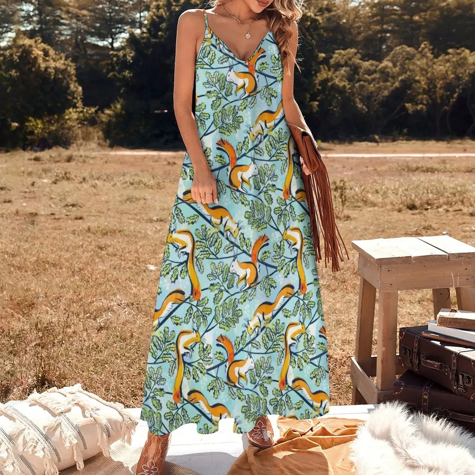 Oak Tree with Squirrels in Summer Sleeveless Dress women's summer dresses 2025 clothing women summer 2025