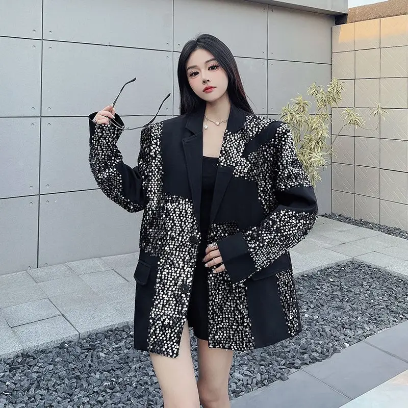 High-end Heavy Industry Sequined Splicing Suit Women's Spring New Design Niche Shoulder Padded Suit  Street Corner Moist Person