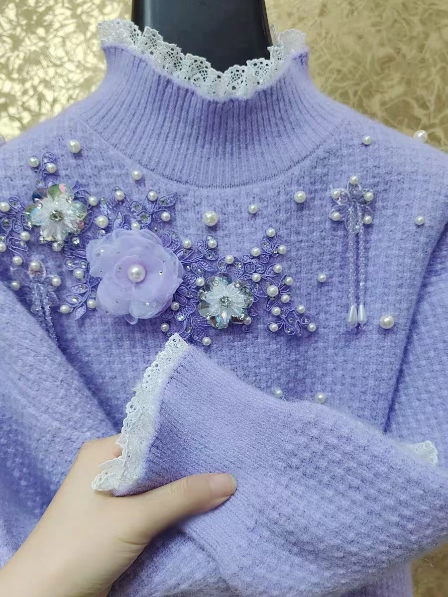 

New In Autumn Winter Embroidered Flares Thick Sweater Women's Long Sleeve Knitted Outwear Pullover Jumper Pull Femme Clothing
