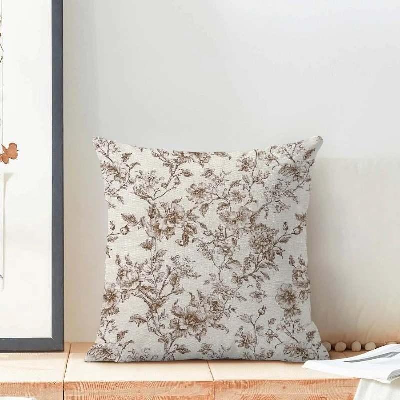 2pc Vintage Floral Throw Pillow Covers Set of 2, Neutral Botanical Farmhouse Decorative Square Cushion Cases for Sofa Bedroom