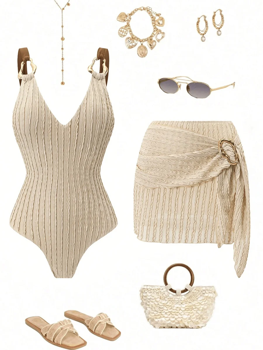 With Skirt Ribbed V neck Female Swimwear One Piece Swimsuit Women High Cut Leg Monokini Metal Chains Bathing Suit Swim Beachwear