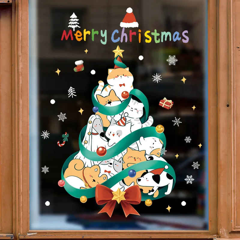 Cartoon Cat Dog Animals Christmas Tree Window Stickers for Kids Room Christmas Decoration New Year Static Window Sticker 2025