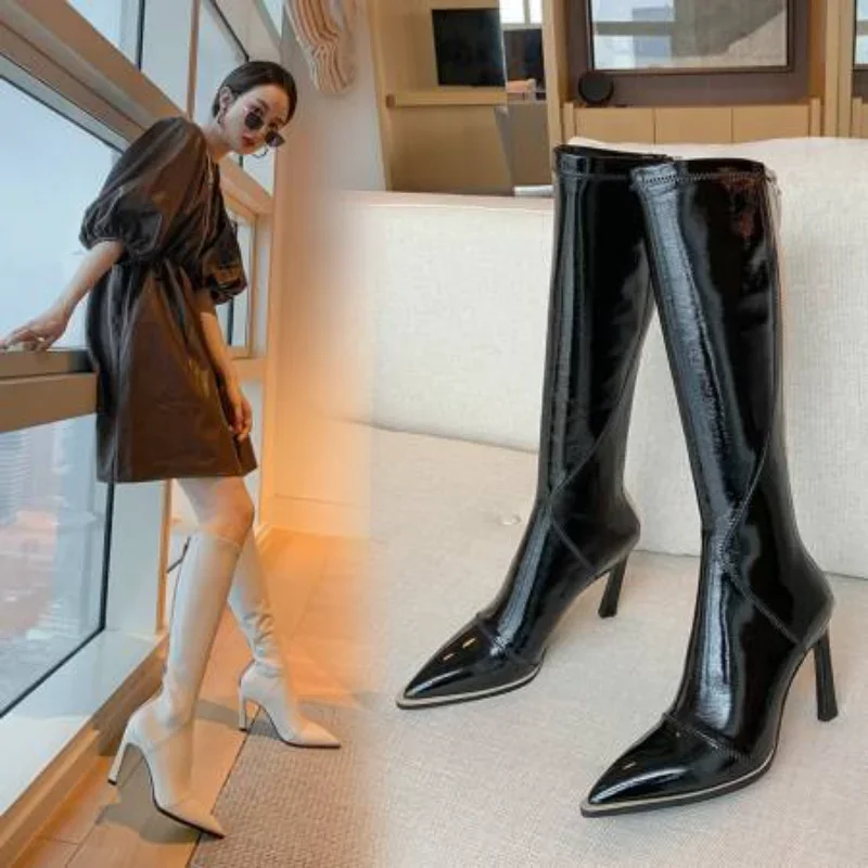 

Genuine Leather Color Matching Pointed High Heel Long Tube Black Beige Single Lining Velvet Bottom Square Heel Women's Boots