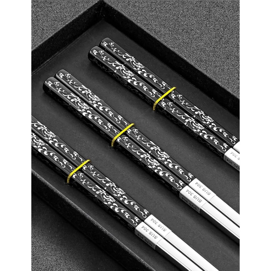 Essstäbchen aus Metall, wiederverwendbar, 3 Paar Essstäbchen, wiederverwendbar, spülmaschinenfest, titanbeschichtet, rutschfest, Edelstahl-Essstäbchen Prese