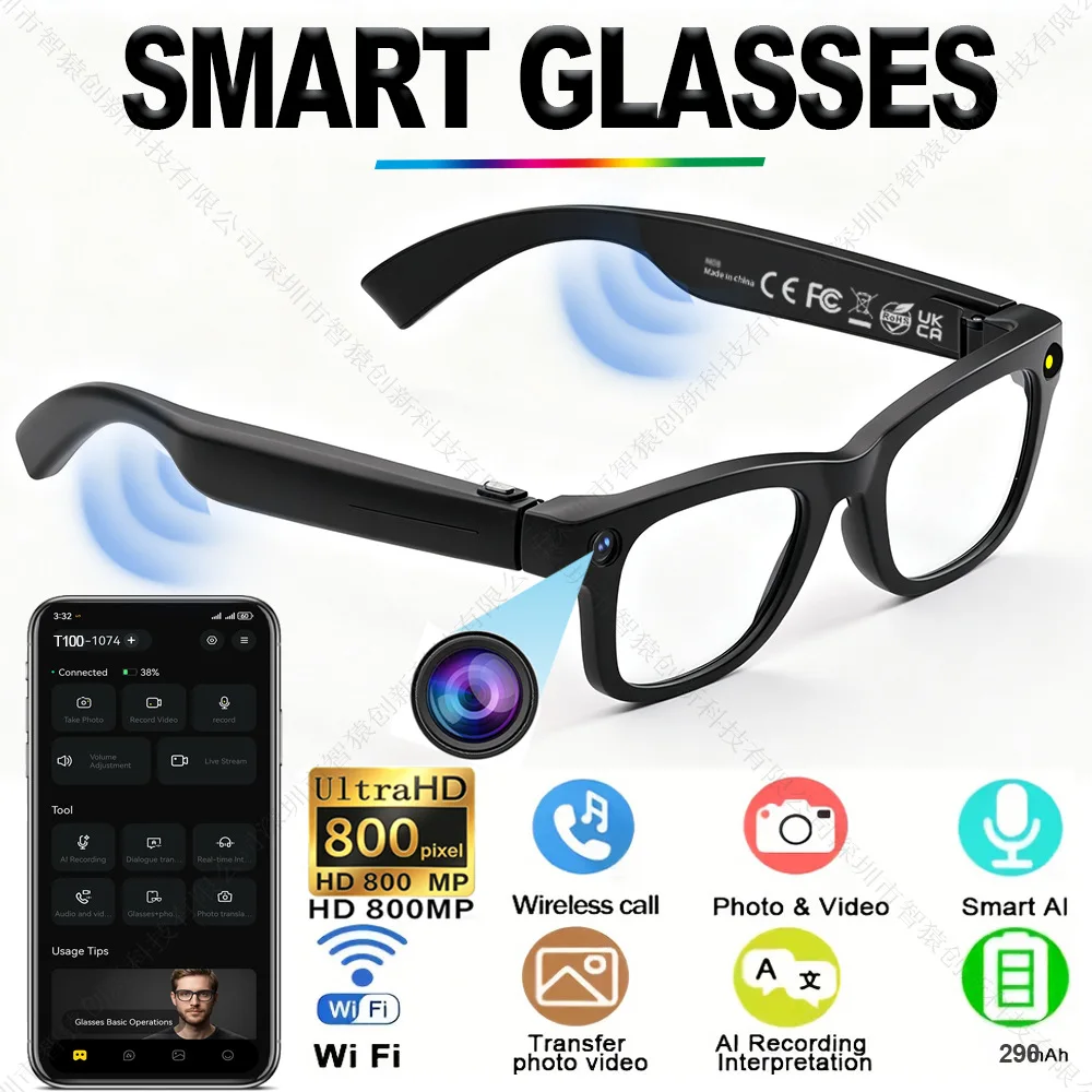 AI Fashion T100 Smart Glasses with Camera 8MP Photo Recording Call Translation AI Smart Glasses for Men Women