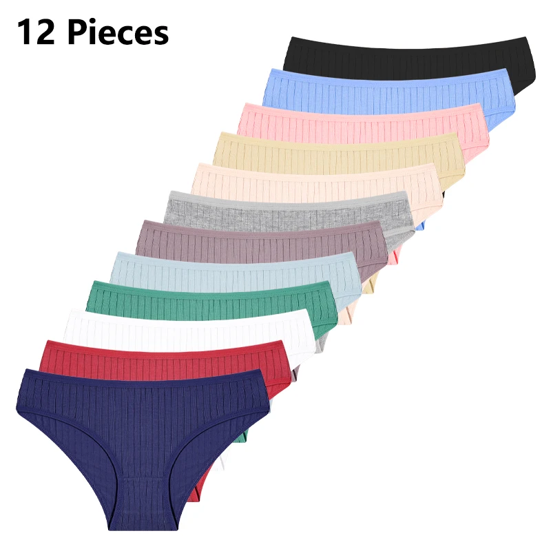 FINETOO 12pcs Cotton Women's Lingerie M-XL Striped Solid Panties Sexy Breathable Low-Waist Briefs Female Comfortable Underpants