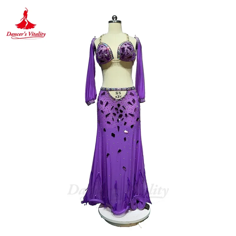 

Belly Dance Performance Costume Set for Women Senior Bra+2 Sleeves+long Skirt 3pcs Custom Oriental Belly Dancing Wear Outfit