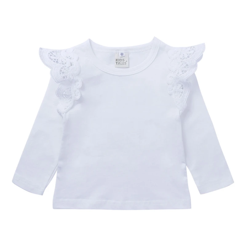 Baby Girls Basic Tee Long Sleeve T-shirt Cotton Solid Sweet Lace Ruffles Decor Princess Tops Spring Autumn Infant Toddler Blouse