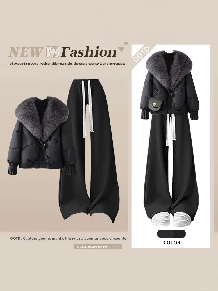 

Bla Winter Cotton Jaet Women's High Waist Large Fur Collar Casual Sle Long Pants Faionable Set Simple Ele Quali