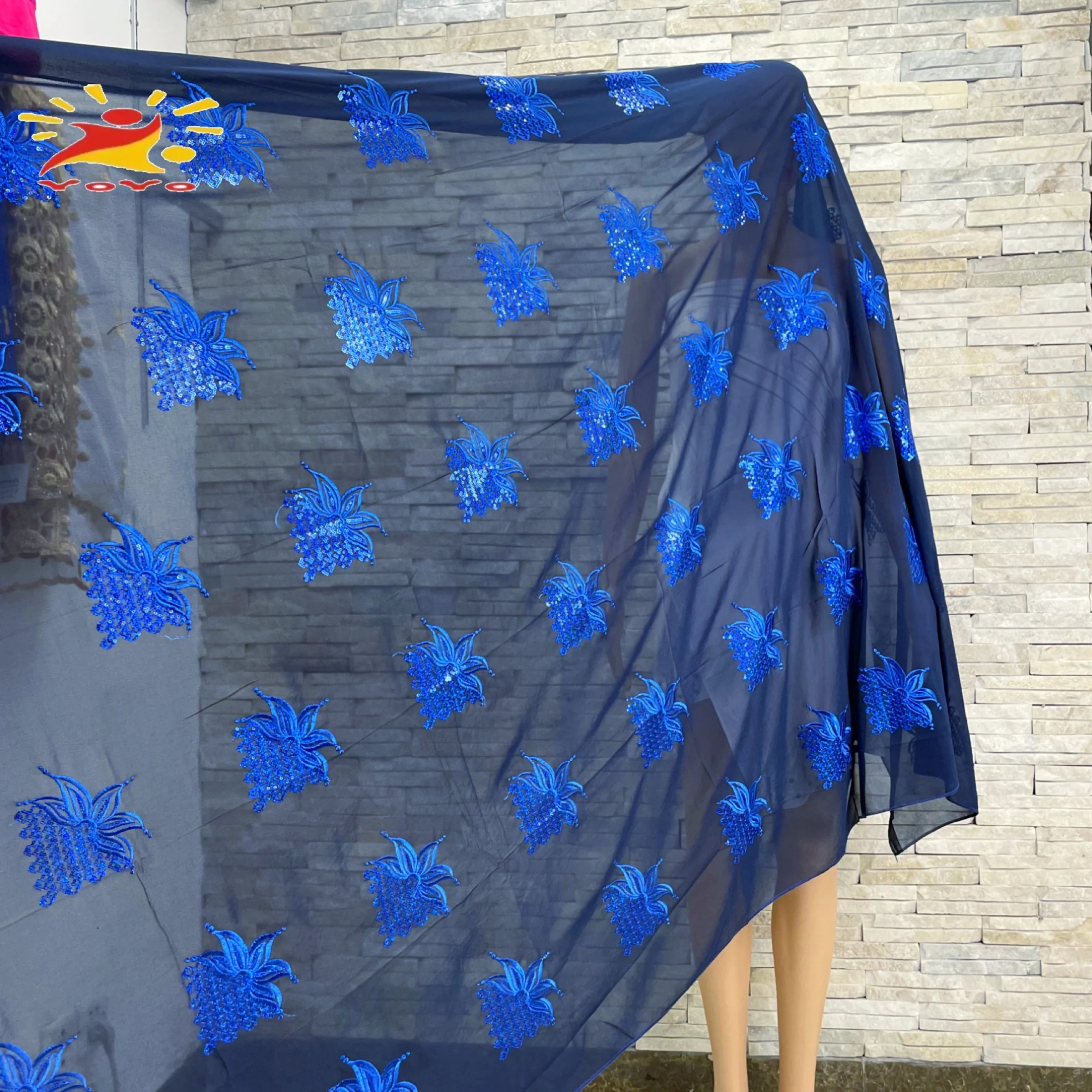 2022High Quality African Women Scarfs Muslim Sequin Embroidery Soft Chiffon Splicing Big Hijab For Shawls Wraps Pashmina