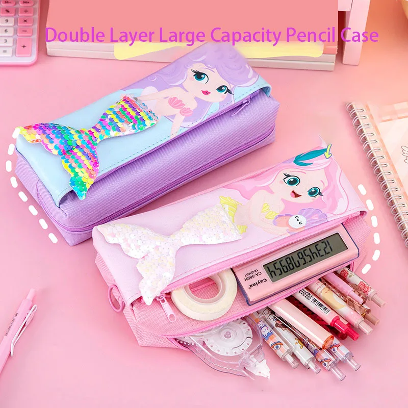 Estuche de lápices de sirena para niñas, Estuche Escolar, suministros escolares, Estuche de lápices de lentejuelas, papelería Kawaii