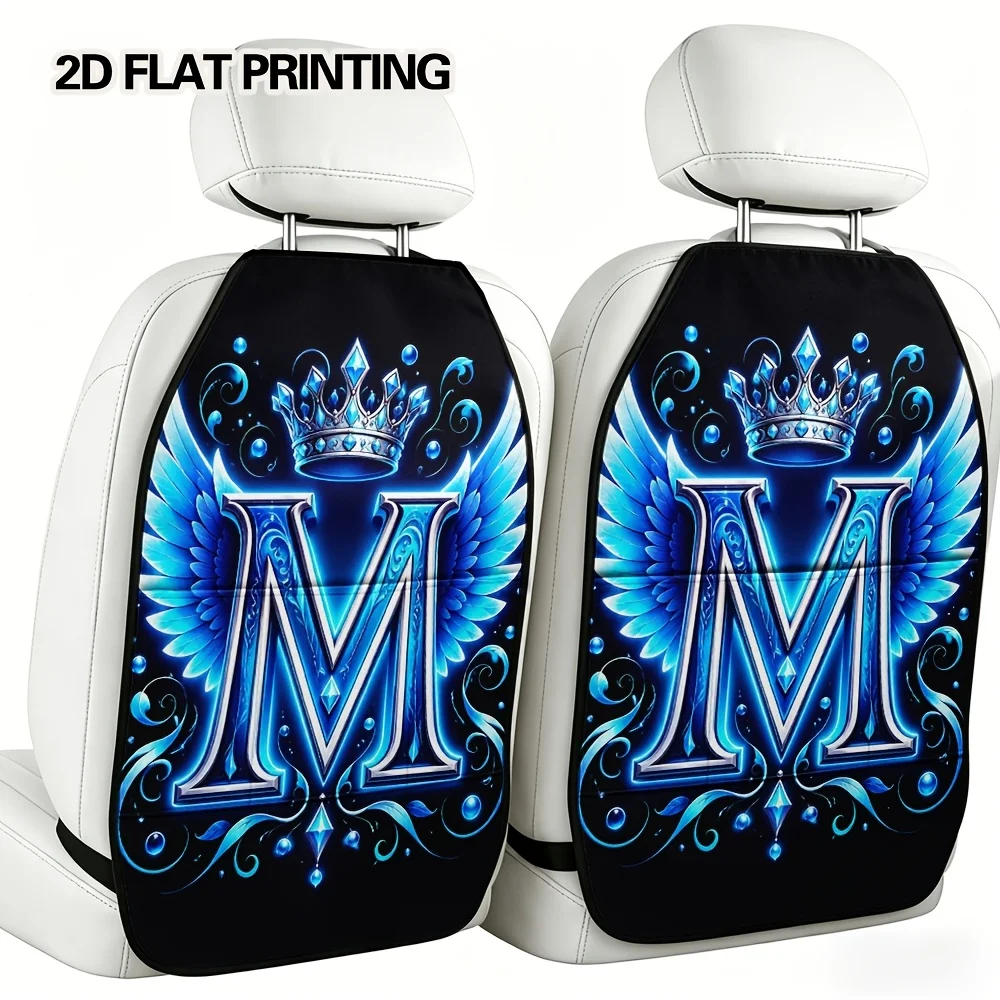 2D Flat, 2pcs Regal Gothic Blue Monogram Design Car Kick Mats With Organizer, Practical Multi-Pocket Adjustable Style, Easy To M