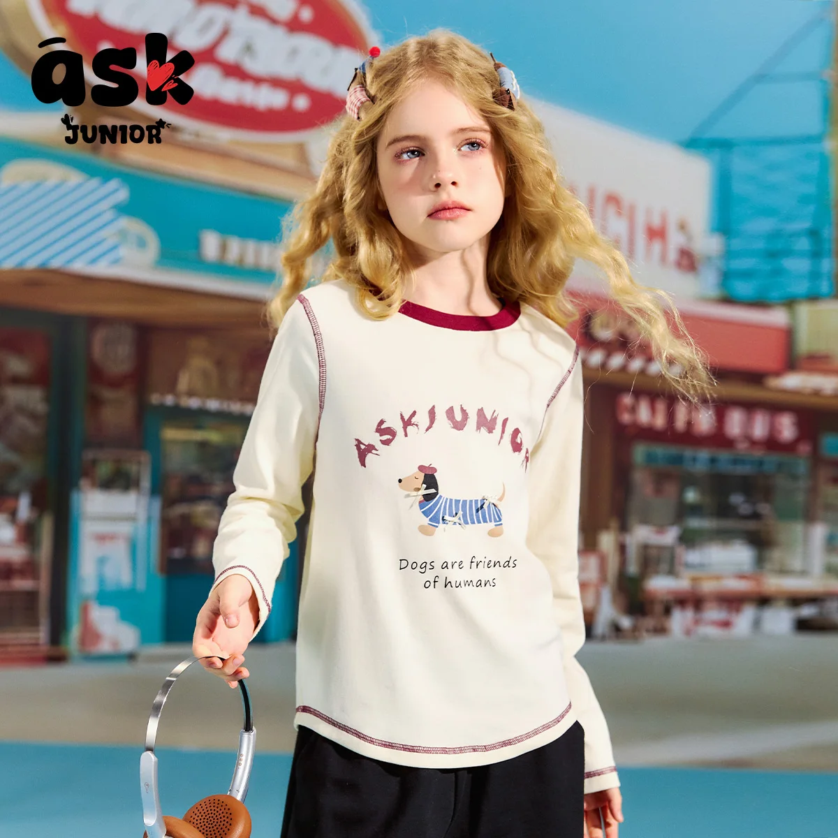 

Осенний джемпер с круглым вырезом и длинными рукавами Ask Junior для девочек с принтом щенка, контрастная футболка, топ