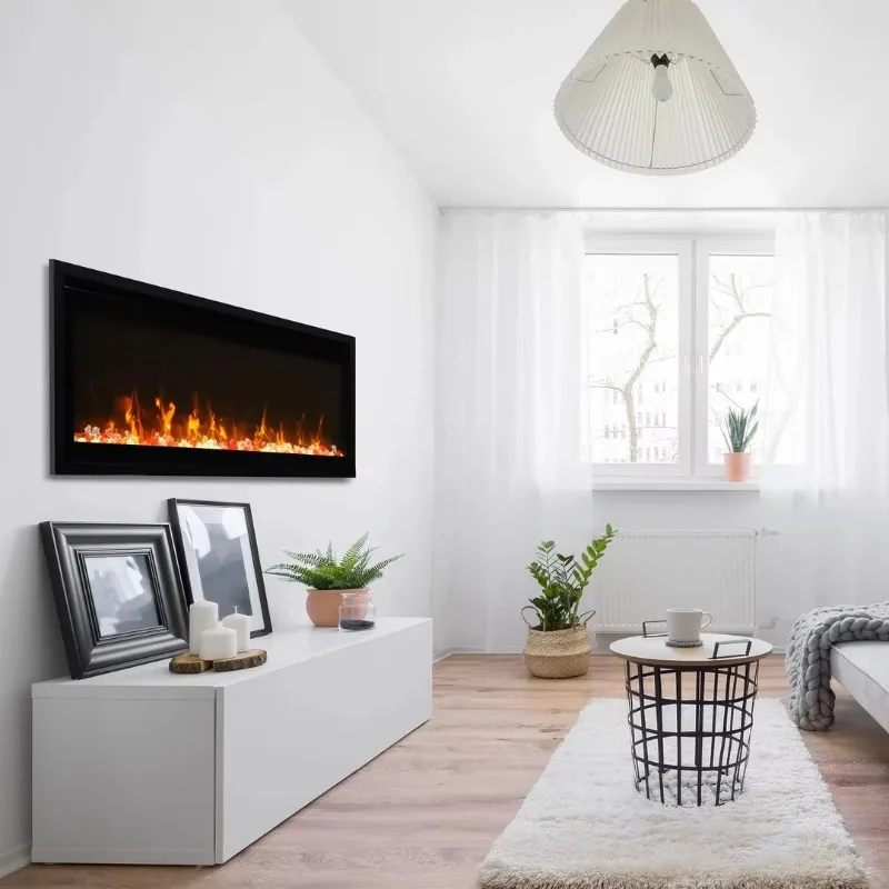 Moderner elektrischer Kamin aus Stahl zur Wandmontage, eingebettetes Design, Fernbedienung, englischer Betrieb, integrierter US-Stecker für den Innenbereich