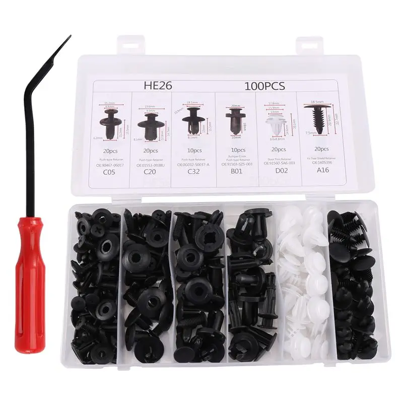 A01K-100Pc Plastic Rivets Fastener Fender Bumper Push Clips W / Removal Tool For Honda Ford Toyota