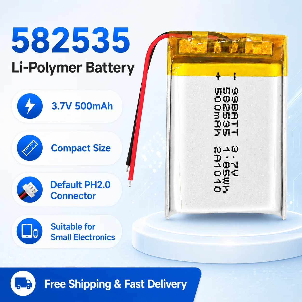 582535 3.7V 500mAh LiPo Rechargeable Battery PH2.0 Connector for Small Electronics DIY  Tire Pressure Detector, Massage Device