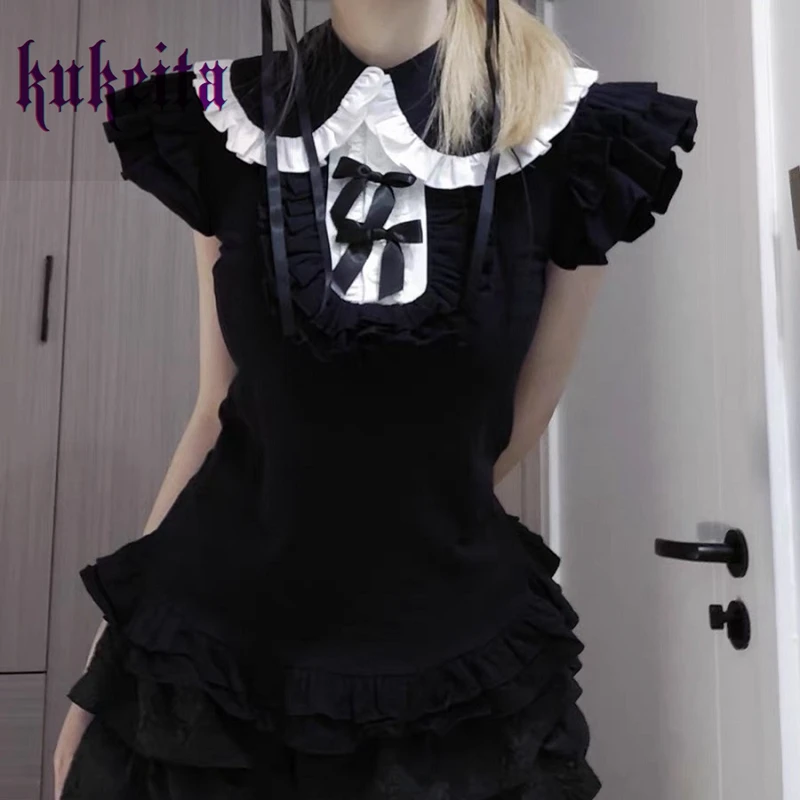 Harajuku Sweet Bow Lolita T Shirt Gothic Girls Cute Bunny Ear Lace Ruffles Short Sleeve Tee Y2k Aesthetic Women Kawaii Crop Tops