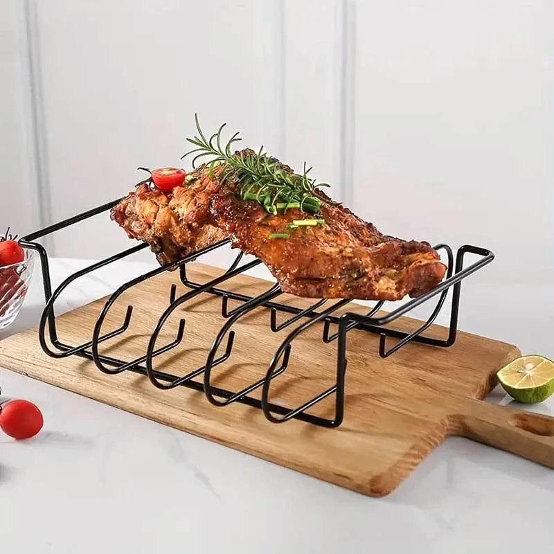 Non-Stick BBQ Rib Rack Stand Barbecue Steaks Racks Stainless Steel Chicken Beef Ribs Grill Black for Gas Smoker Tools bbq