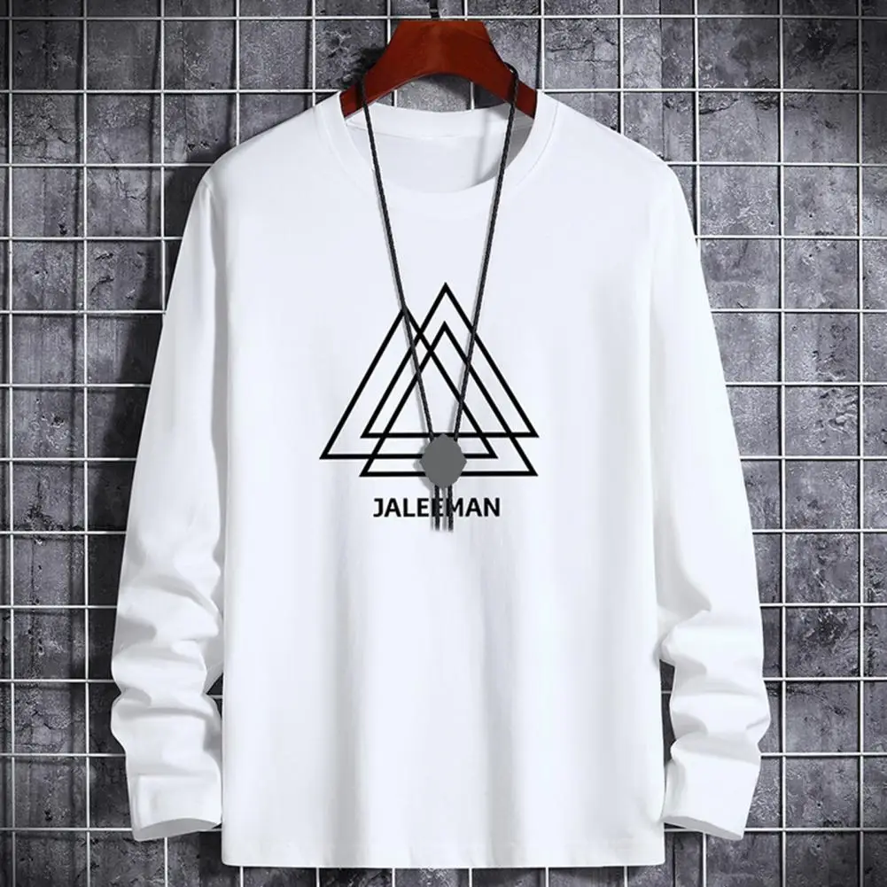 

Fall Winter Men Top O Neck Long Sleeve Geometric Triangle Print Loose Mid Length Pullover Soft Warm Male T-shirt Sweatshirt