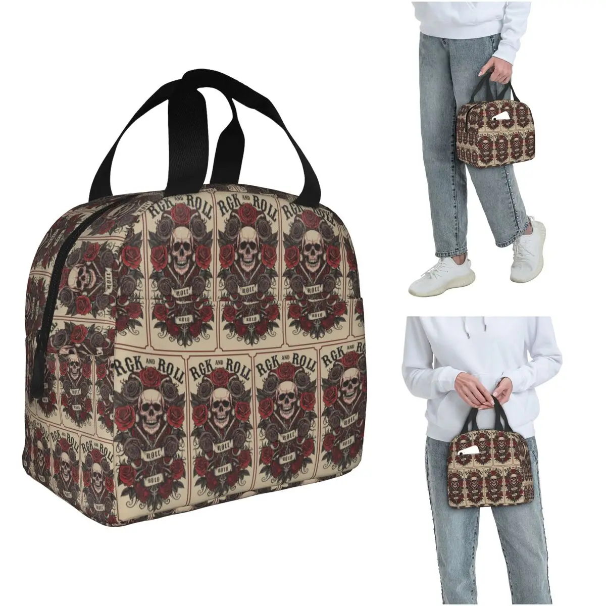 

Изолированная сумка для обеда Crazy Rock Skull Rose для женщин и детей, портативная термосумка для еды