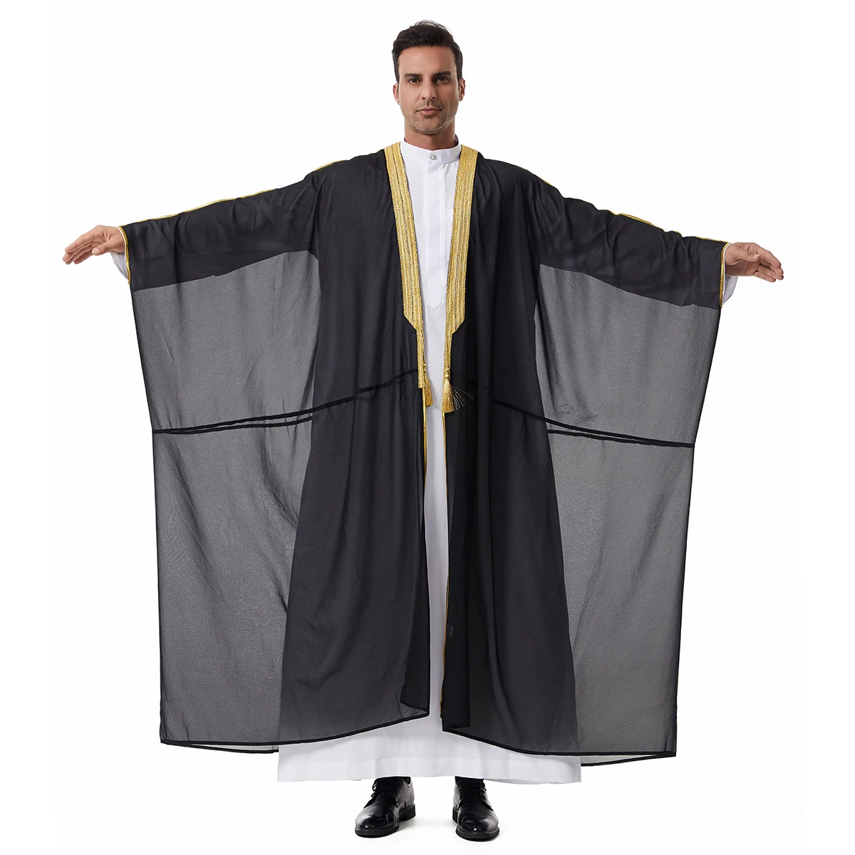 

Мусульманский мужской кардиган с длинными рукавами и вышивкой до щиколотки, шифоновый исламский кафтан