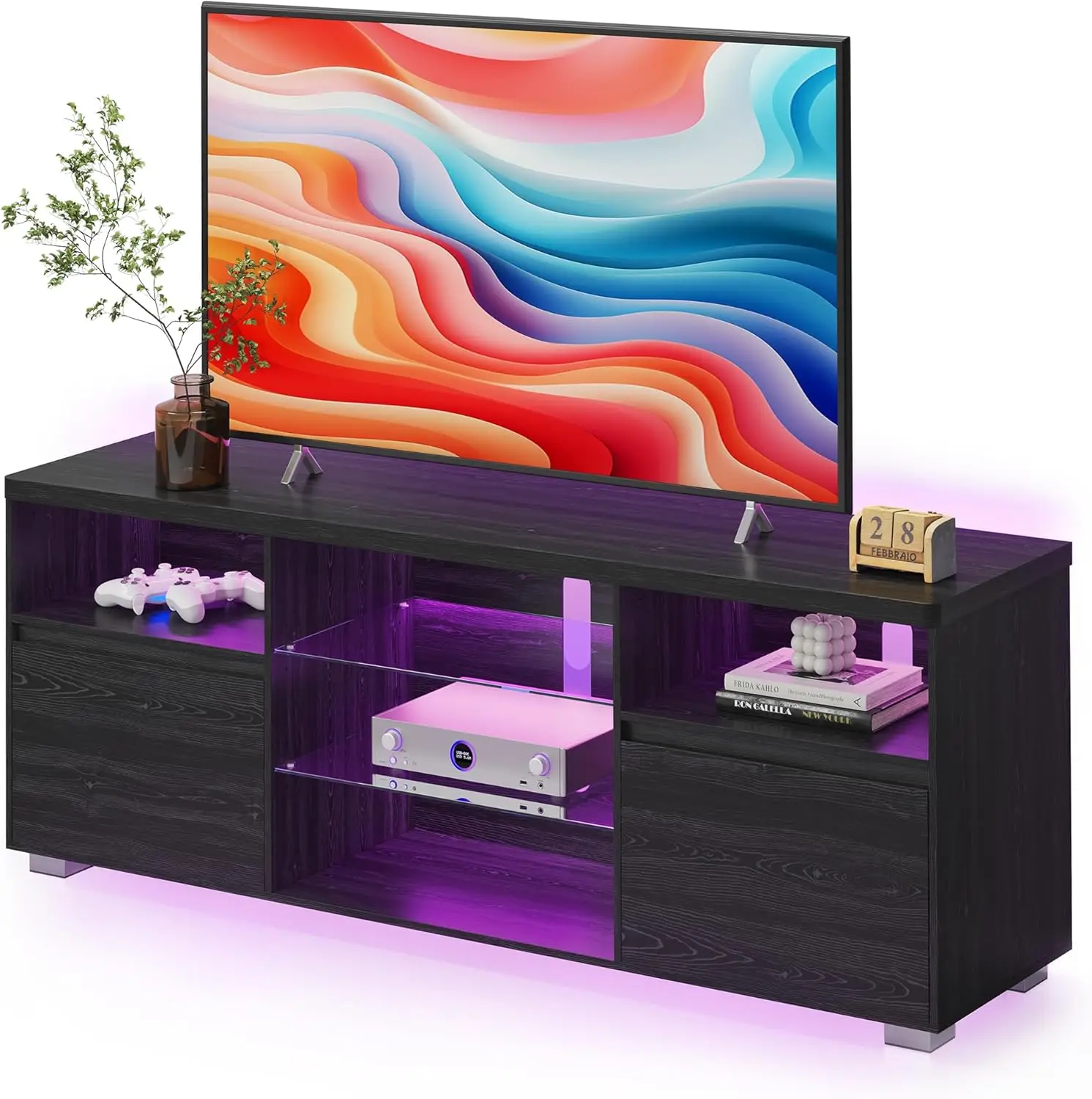 TV Stand with LED Lights for TVs up to 70 Inch, Entertainment Center with Open Glass Shelves, 2 Cabinets with Doors 63-Inch Long