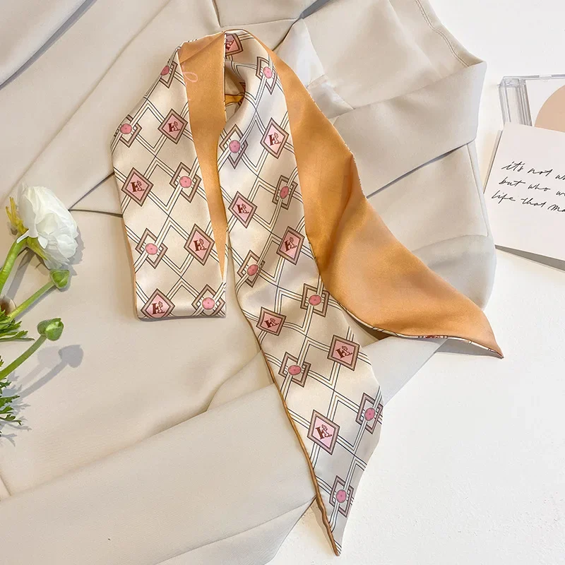 4 stücke dünne Tasche Band Schals für Frauen Mode druck weichen Satin Haarband Foulard Halstuch weibliche Krawatte Haar Schal – Detail 3