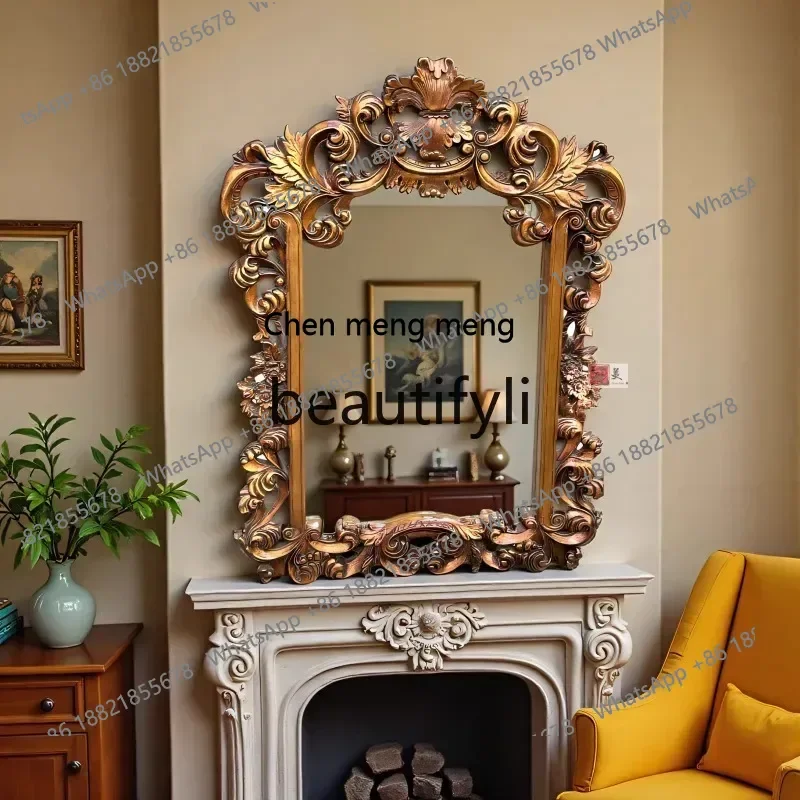 French carved retro decoration bathroom mirror bedroom makeup mirror living room entrance wall mirror customization