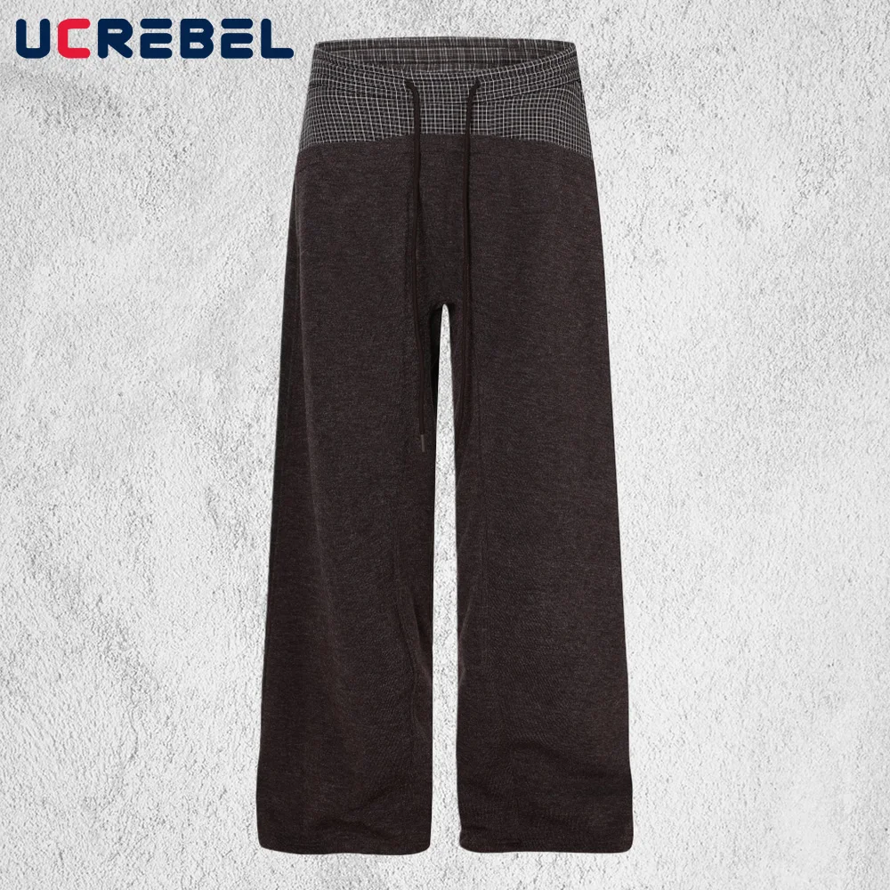 

Plaid Patchwork Sweatpants Mens Autumn Winter Hip Hop Streetwear Elastic Waist Baggy Wide Leg Casual Sports Trousers Man