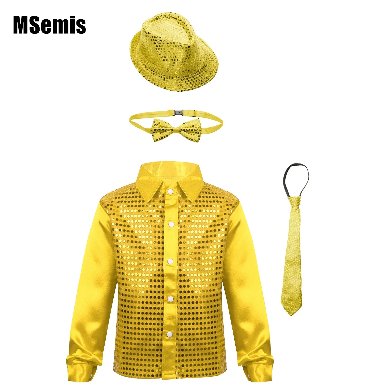 

Kids Boys Glittery Sequin Dance Set Long Sleeve Lapel Collar Shirt with Hat And Bowtie Necktie for Dance Wear Show Performance