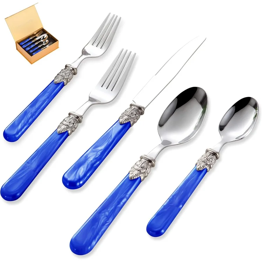 

20 pieces 18 10 Stainless Steel Silverware Sets With Deep Blue HandleVintage Cutlery Sets Sliverware set Service for 4 Dishware