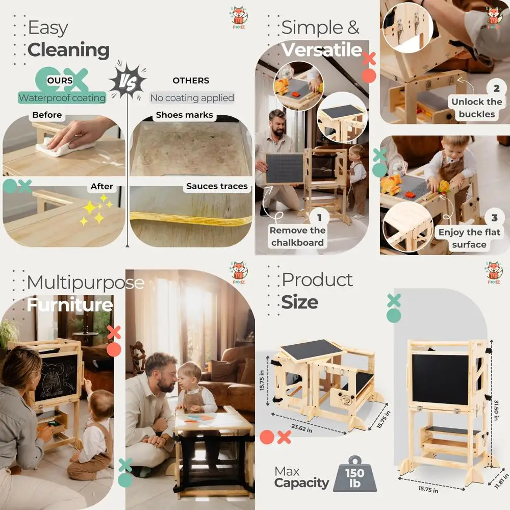 

Montessori 4-in-1 Learning Tower: Toddler Step Stool, Activity Table, Chalkboard, Adjustable Height, Safety Net for Ages 1-3