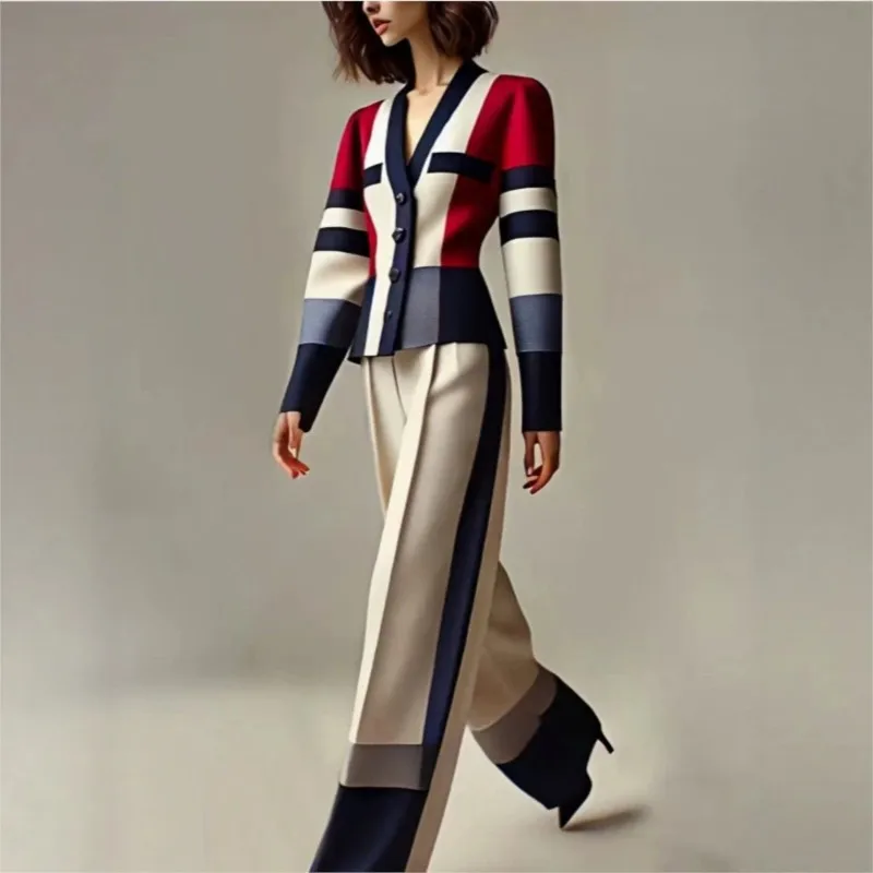 Elegant women's color blocked striped matching set V-neck top, wide leg pants, women's autumn fashion office 2-piece set