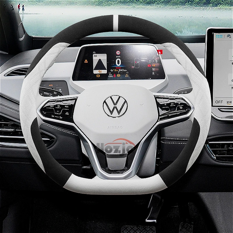 Suede Car Steering Wheel Cover for Volkswagen T-ROC R Taigo Touareg R Atlas R Taos T-Cross 2018 - 2023 2024 2025 Accessories