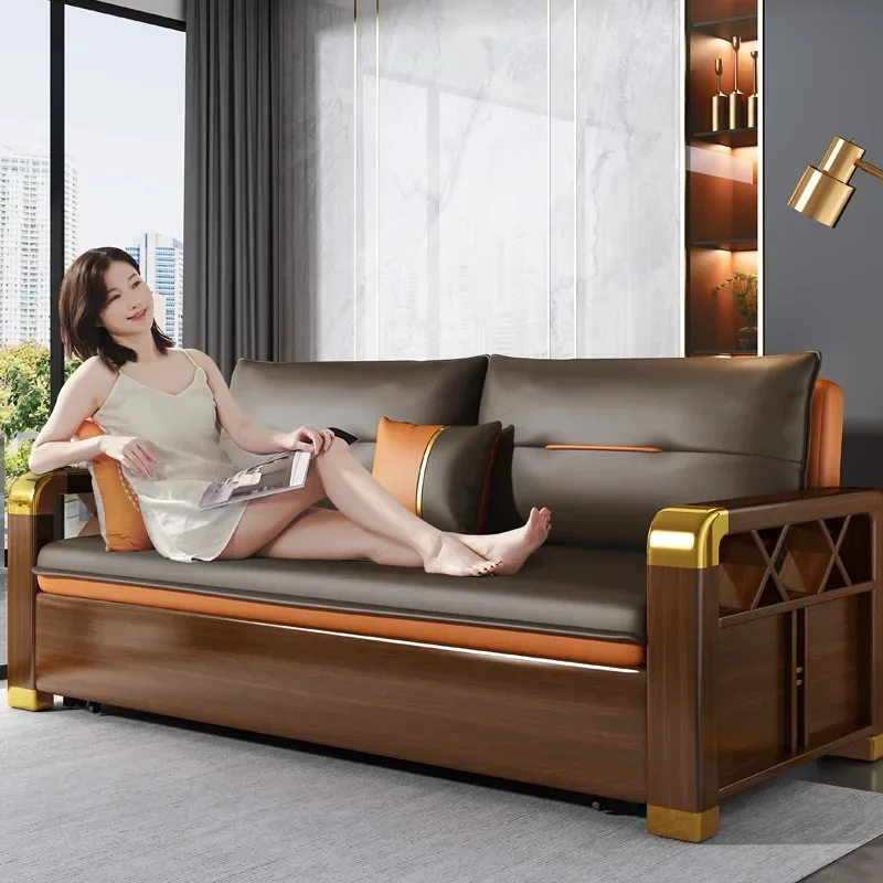 Solid wood sofa bed for sitting and lying, multi-functional technology cloth new Chinese sofa