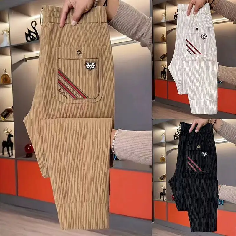 

Summer Thin Ice Silk Stripe Sports Pants Men's Cuffed Elastic Qui Dry Casual Long Trousers Loose Fit Youth Faion Busin...