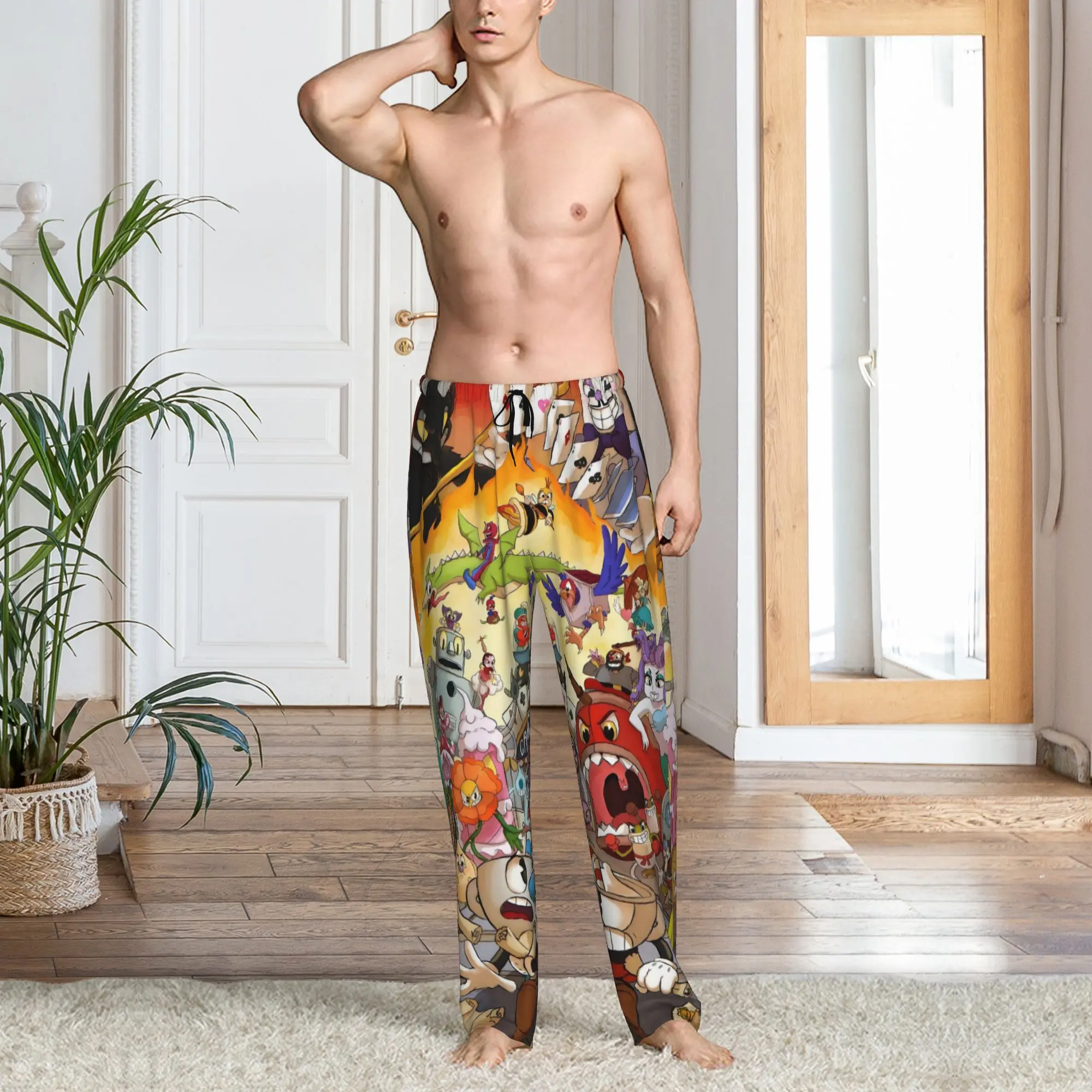 Custom Cupheads Pajama Pants for Men Shooting Game Lounge Sleep Drawstring Sleepwear Bottoms with Pockets view 6