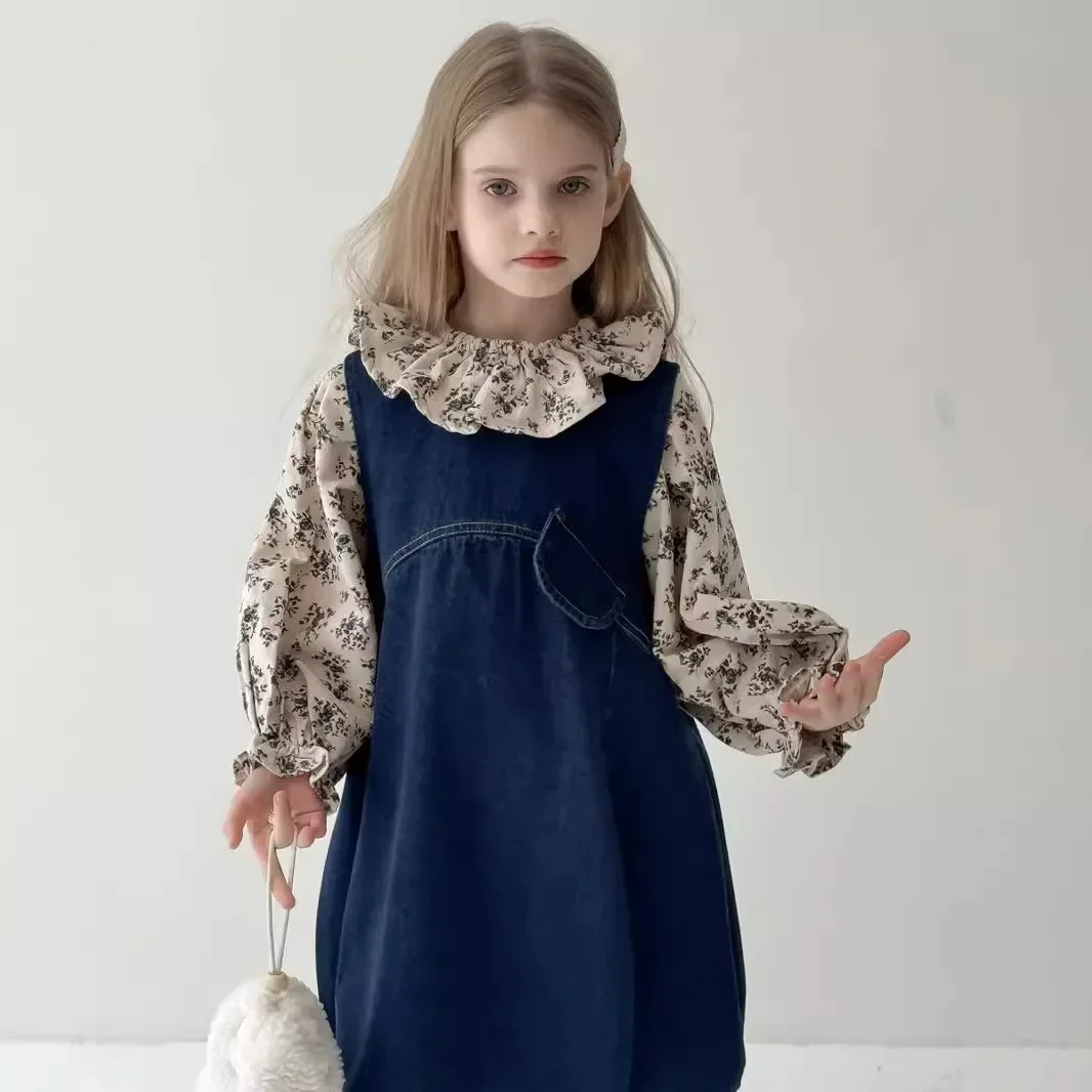 

Girls Denim Vest Dress 2024 Autumn New Girls Floral Turn-down Collar Puff Sleeve Shirt Denim Suspender Dress