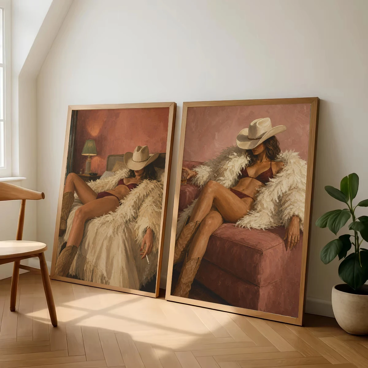 Vintage Cigarette Western Cowgirl Poster Abstract Fashion Woman with Cigarette on Bed Canvas Painting Print Bathroom Home Decor